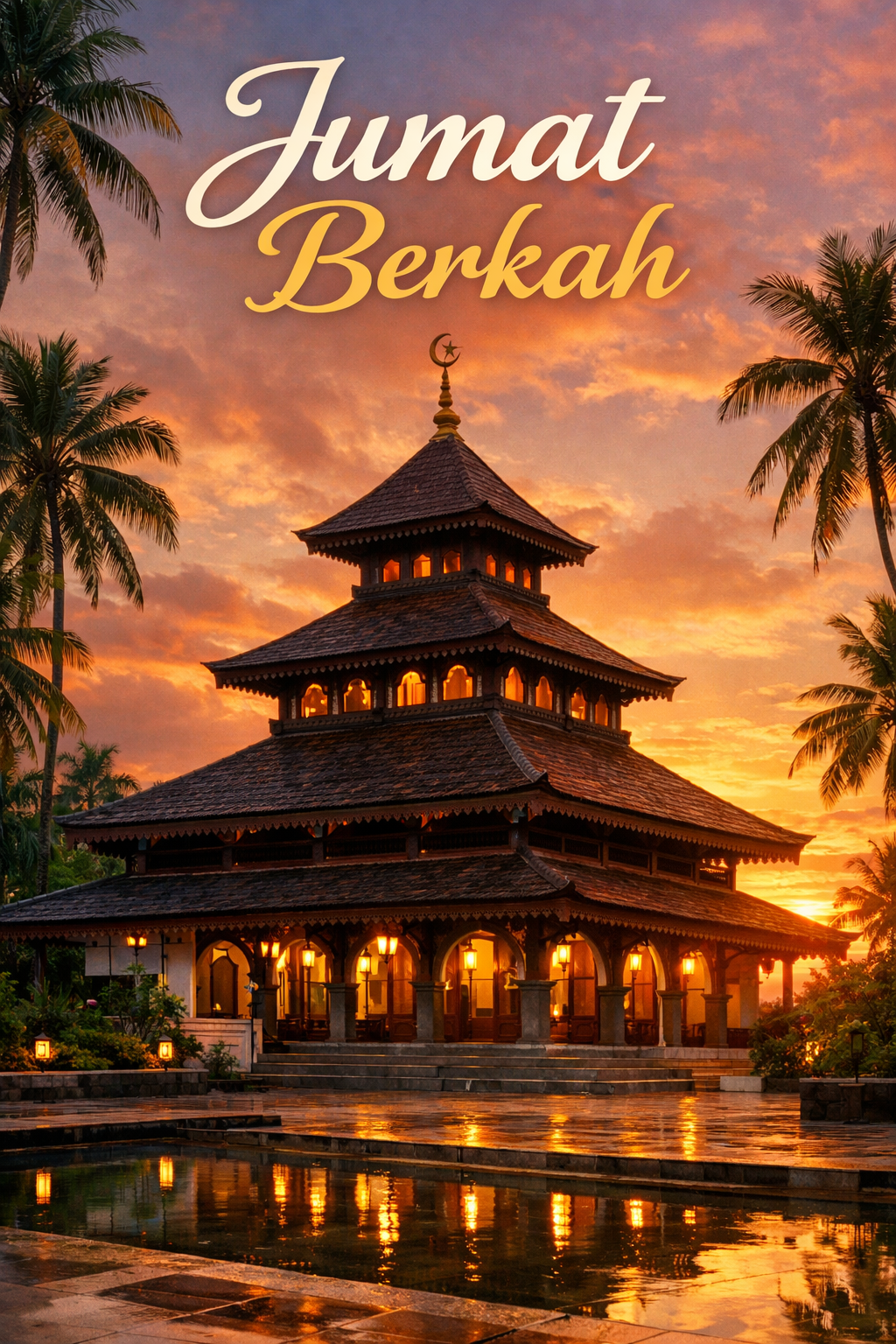 Javanese-style mosque with tiered roof at sunset in tropical setting for Jumat Berkah Indonesian Friday blessing